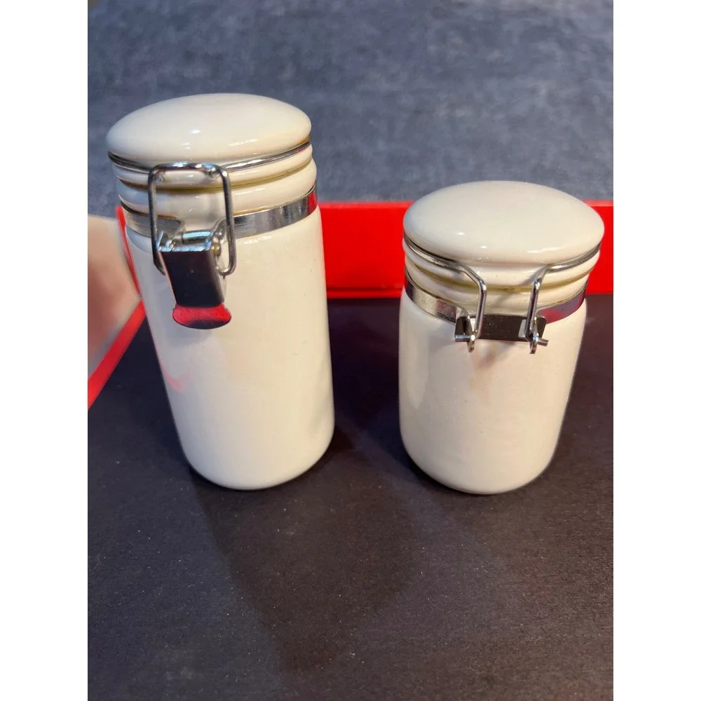 Oggi White Ceramic Canister Set of 2 Airtight Locking Metal Bail Jars Minimalist